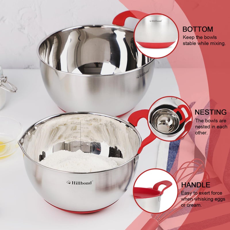 Hillbond Mixing Bowls with BPA Free Airtight Lids Nesting Bowls with Pour Spout, Silicone Handle and Non-Slip Bottoms for Baking, Stainless Steel Mixing Bowls Dishwasher Safe, 1.5, 3, 5 QT (Red) - Image 2